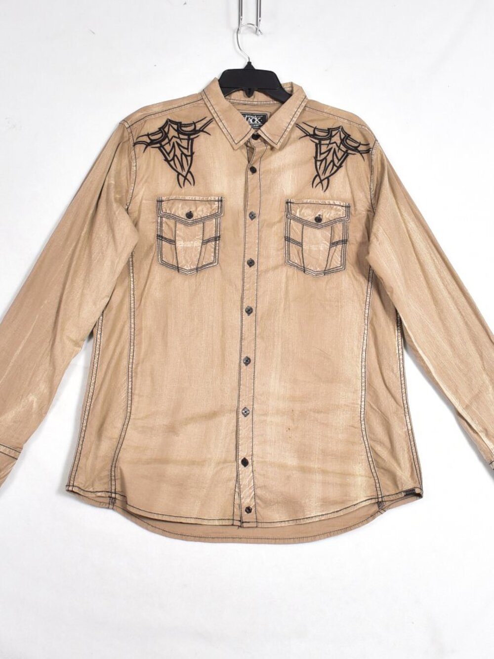 Buckle Black Standard Fit Men's Tan Button Front Shirt Size Large Embroidered